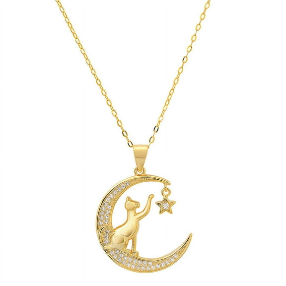 Kylie Harper Yellow Gold Over Silver Dangling Moon/Star Cat CZ Pendant Necklace