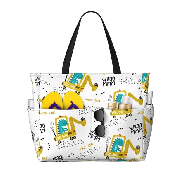 Fotbe Dinosaur on Excavator Bolsa de Viaje para Playa - Resistente al Agua, Bolsa Tote de Gran Capacidad y Ligera con 7 Bolsillos para Mujeres y Hombres