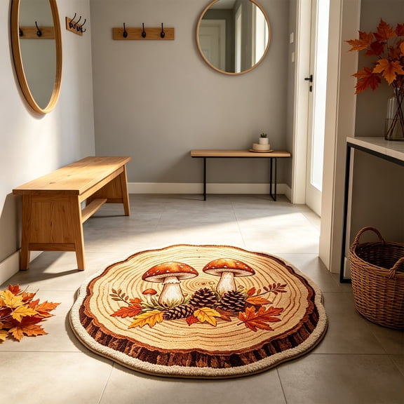 SDJMa Fall Area Rug, Round Non-Slip Washable Maple Leaf Mushroom Pinecone Floor Mat for Bedroom Bathroom Decor, 23.6x23.6 inch