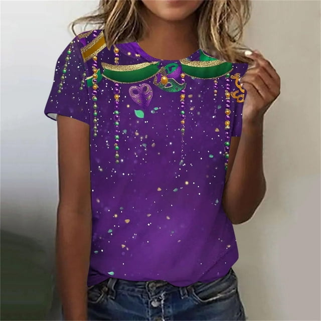 Ounisa 2025 Womens Short Sleeve Tops Mardi Gras Costumes Fashion Round Neck Color Printed Blouse