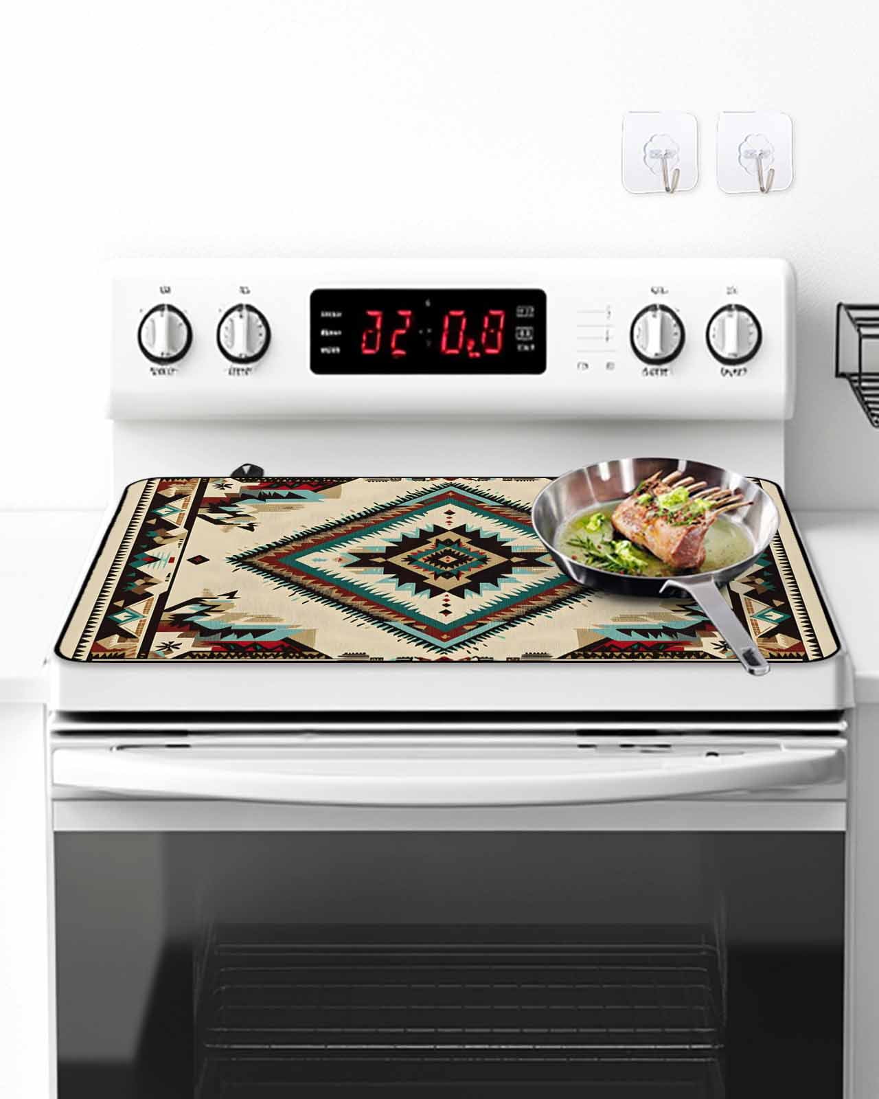 Stove Top Covers for Electric Stove, Boho Red Teal Brown Glass Stovetop Cover Protector, Southwestern Vintage Geometric Induction Cooktop Protector Oven Mat for Kitchen Countertop 31"x24"