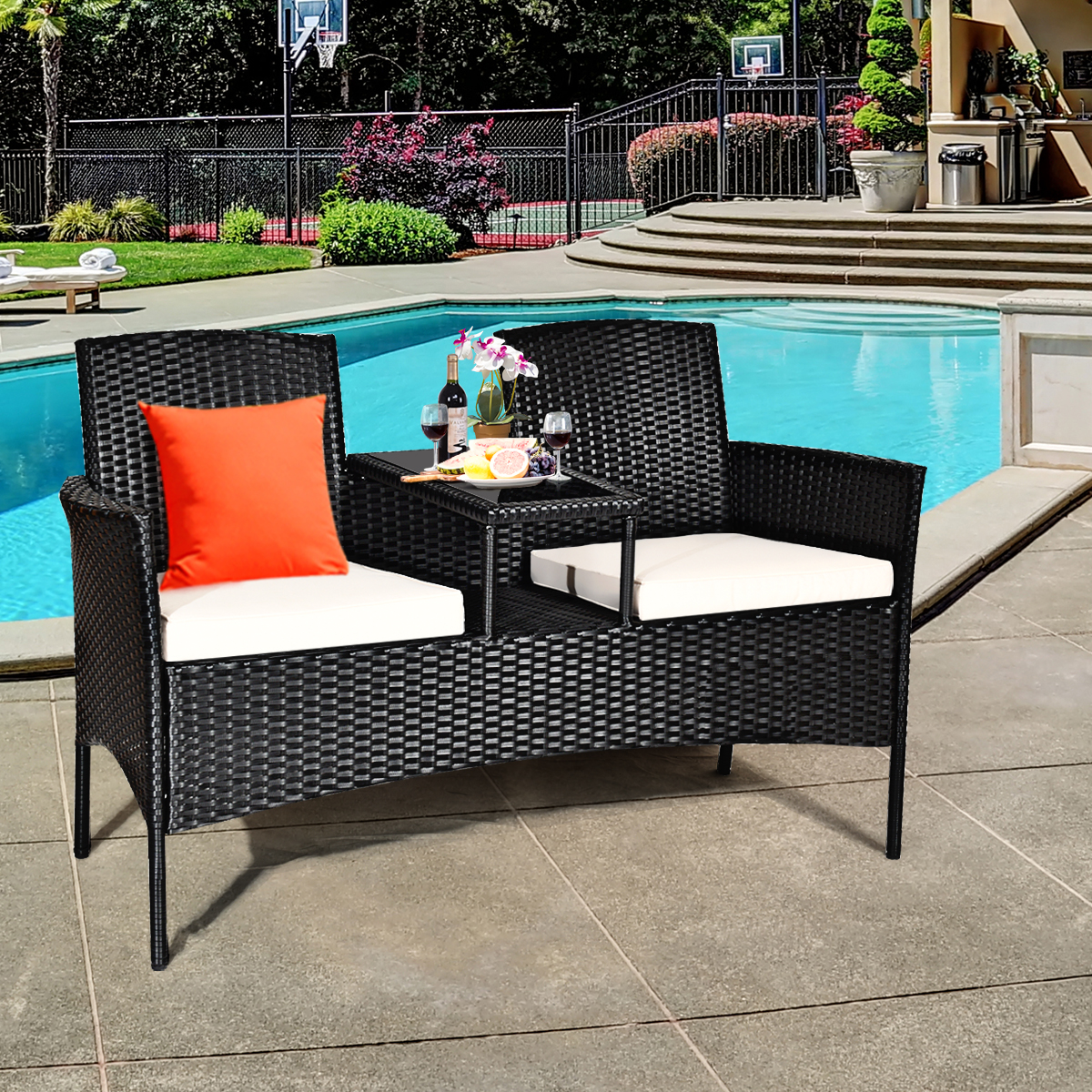 Costway Patio Rattan Conversation Set Seat Sofa Cushioned Loveseat Glass Table Chairs - image 3 of 8