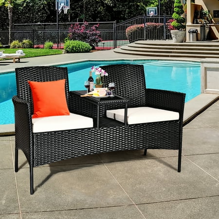 Costway Patio Rattan Conversation Set Seat Sofa Cushioned Loveseat