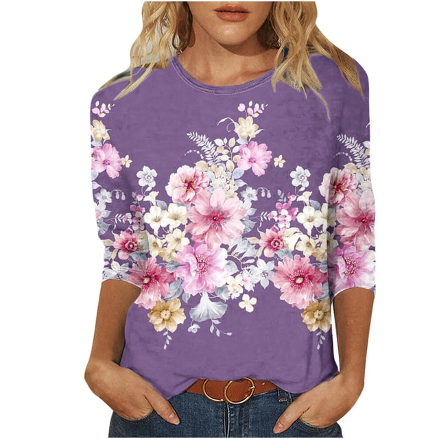 Camisetas de Manga Corta para las Mujeres Retro Cuello Redondo Pascua Impreso Suelto Top, Ligero Poliéster 3/4 Camiseta de Manga para el Desgaste Casual, Diario Y de Primavera