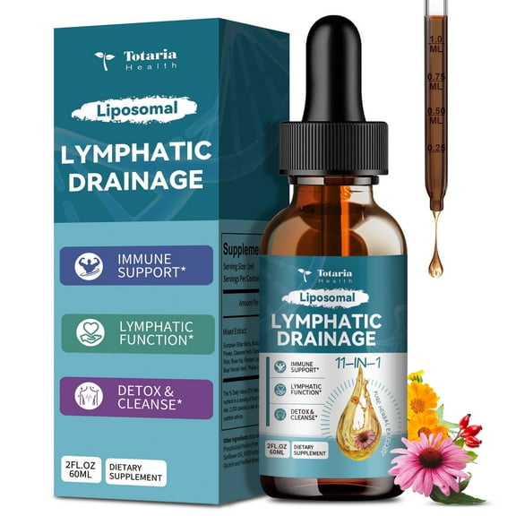 Totaria Liposomal Lymphatic Drainage Drops 11-in-1 Organic Formula - Supports Lymphatic Health, Immune & Detox, Vegan, Raspberry Flavor,2 FL.OZ