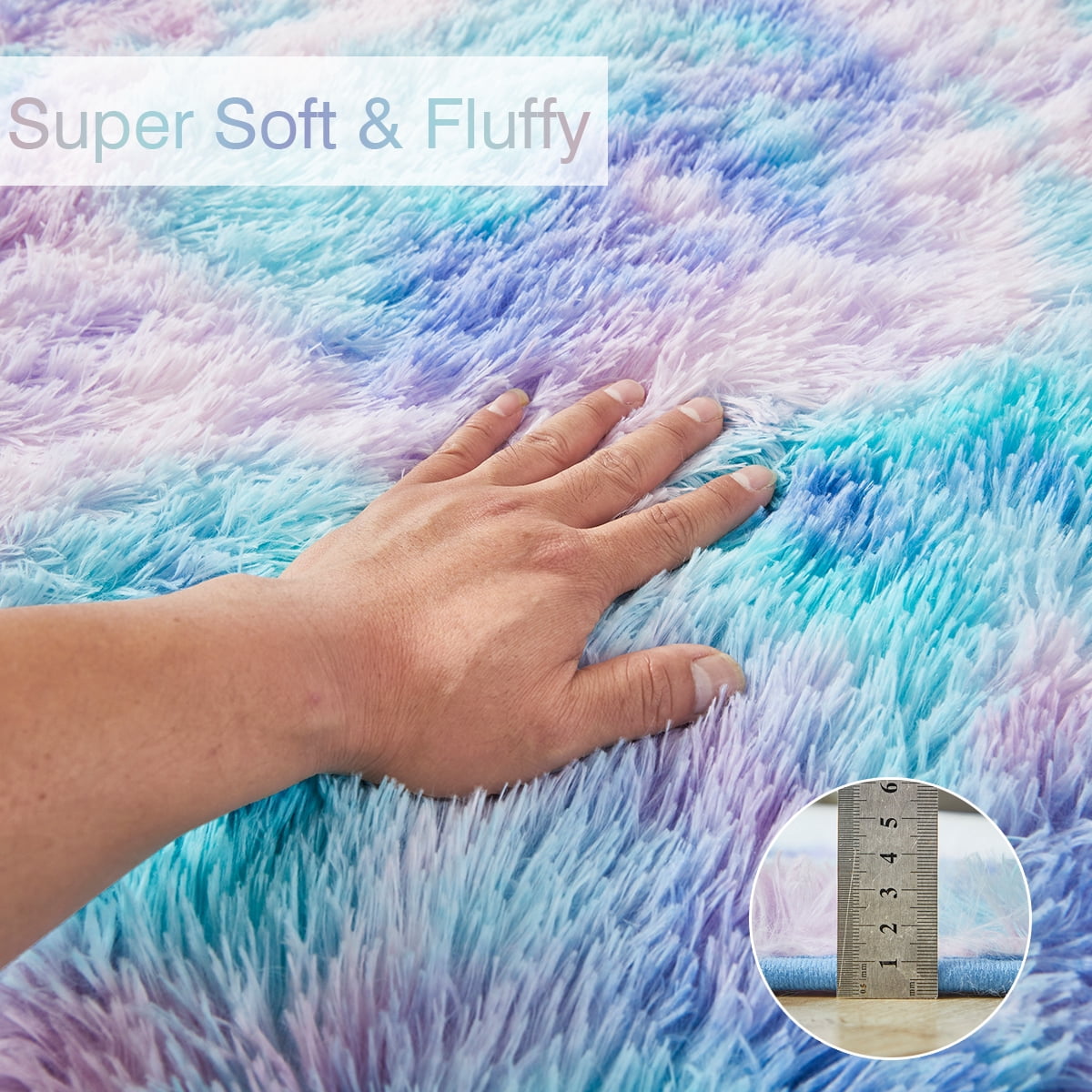 PERFEMET Rainbow Purple Teal Big Area Rugs 5x8 Carpet Tie Dye Plush Shag Rugs for Bedroom Living Room Floor Mat for Nursery Dorm Soft Rectangular Rug(5'x8', Teal Purple)