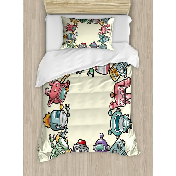 Kids Party Duvet Cover Set Friendly Robot Characters Circle