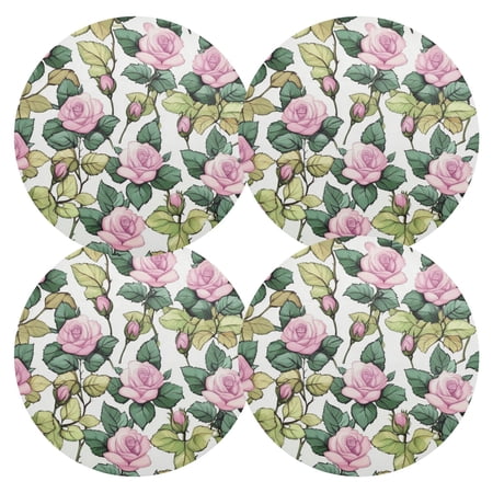 Qxltty 15inch Round Placemats Set of 4 Polyester Fabric Heat Resistant Washable Table Mat for Kitchen Party Decor Pink Roses