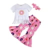 Toddler Baby Girl 3Pcs Birthday Outfit Sets Short Sleeve Printed Tassel Tee Shirt Top Bell Bottom Pants 12M-6T