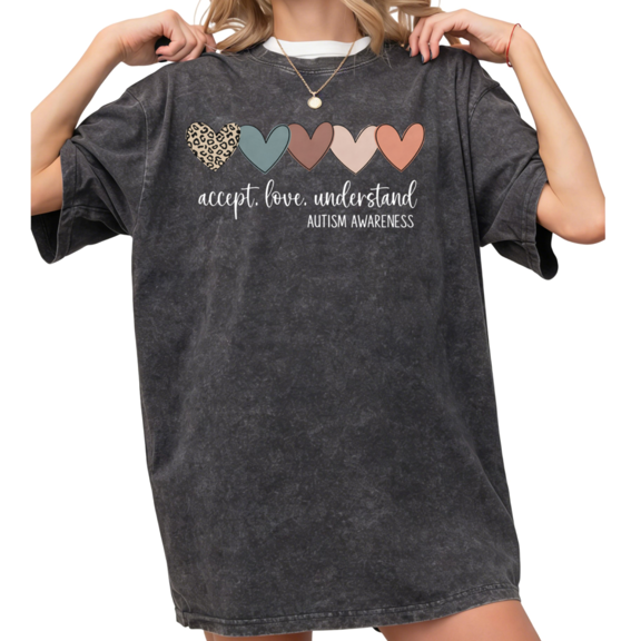 UNISHE Women's Neutral Tone "Accept Love Understand" Autism Vintage Washed T-Shirt Short Sleeve Crewneck Relaxed Fit Tee