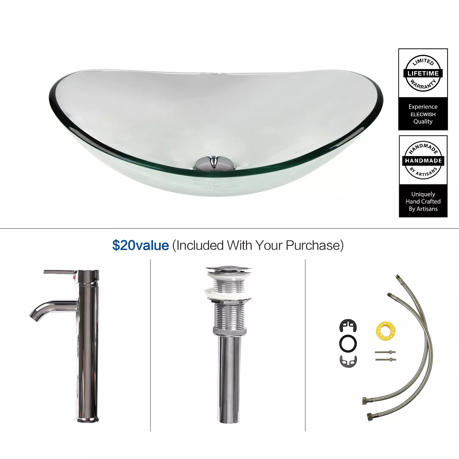 ELECWISH Bathroom Sink and Faucet Combo Artistic Tempered Glass Vessel Sink Basin Washing Bowl Set, Cabinet Countertop Sink with Chrome Faucet Pop-up Drain (Oval)