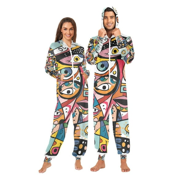 Doodle Abstract Character Adult Onesie Pajamas Slim Fit Christmas One Piece Suit Pjs for Women and Men Hooded Zipper