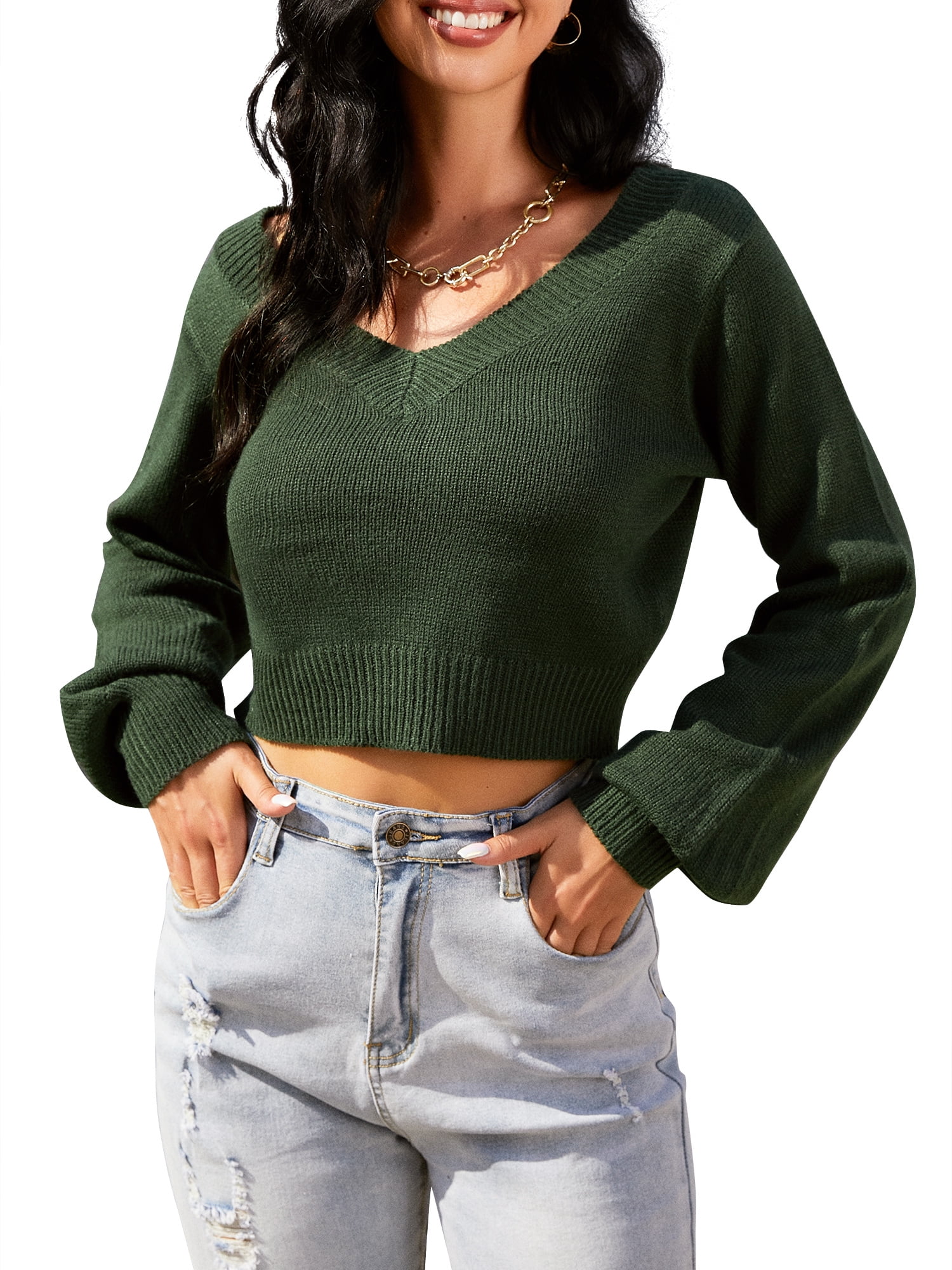 ZAFUL Women's Double V-Neck Long Sleeve Crop Loose Pullover Sweater ...