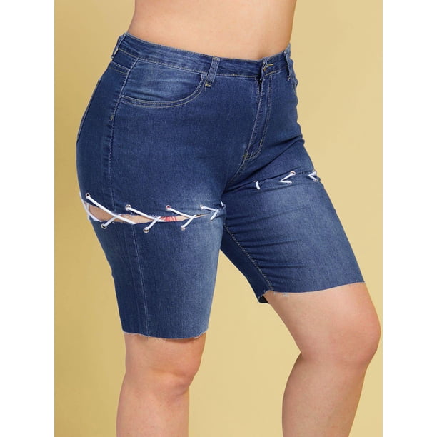 Cordones arriba dobladillo crudo más tamaño biker denim shorts Rosegal Pantalones cortos de talla grande