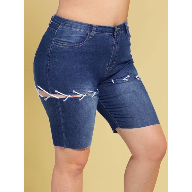 Cordones arriba dobladillo crudo más tamaño biker denim shorts Rosegal Pantalones cortos de talla grande