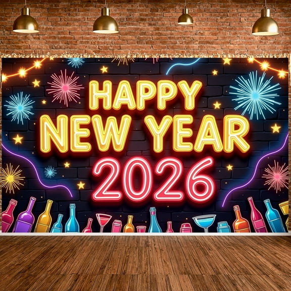 Neon Happy New Year Banner Colorful New Year Display Fireworks Stars 2026 Backdrop for New Year Party Holiday Celebration Indoor Party