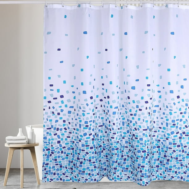 Cortina de ducha con estampado de estilo mosaico azul de poliéster, cortina o forro de ducha de tela repelente al agua, 72 "x 72"