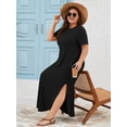 thumbnail image 2 of SHOWMALL Women's Plus Size Maxi Dress with Pockets, Valentine's Day Galentine's Self-Care Gift for Her, Black 2X Side Slit Short Sleeve Long Dress, 2 of 6