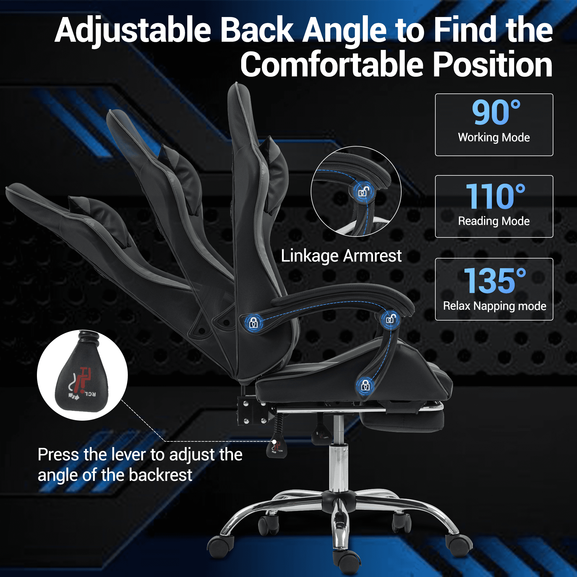 WENTUM Gaming Chair with Massage Lumbar Support Ergonomic Video Game Chair for Adults, Adjustable Headrest & Footrest, 90-135° Recline, 360° Swivel, Grey