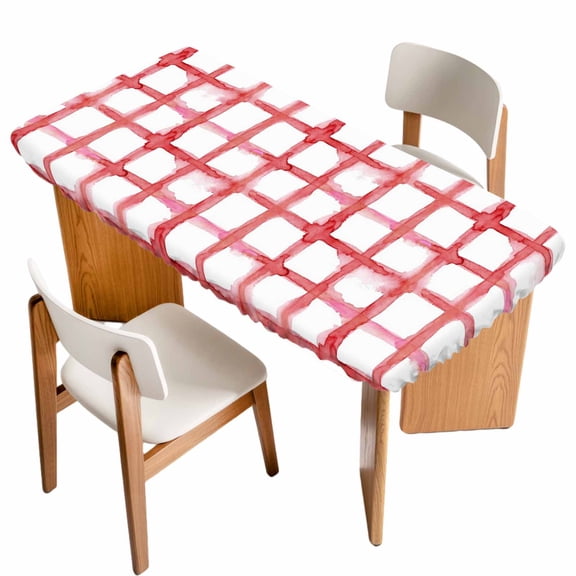 Red Buffalo Plaid Table Cloths for 3 Foot Rectangle Tables, Farmhouse Check Stripes Retro Geometric Patio Waterproof Elastic Fitted Tablecloths, Washable Rectangular Table Cover for Camping