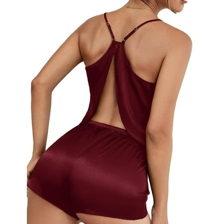 

2pcs Set Sexy Solid Cami Short Sets Sleeveless Burgundy Women s Pajama Sets (Women s)