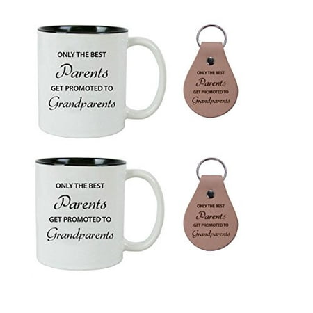 Only the Best Parents Get Promoted to Grandparents Ceramic Coffee Mugs Bundle with Leather Keychains (Black, Black) - Great for Expecting Grandpas, Grandmas for Dad, Grandpa, Grandma, Papa, (Best Wishes For Expecting Parents)