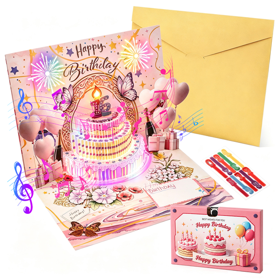 Cpeelsdo 3D Pop Up Musical Birthday Cards with Blowable Candle and LED Light Fireworks, Personalized Voice Recordable Happy Birthday Greeting Card, Gifts for Women Men Kids - Pink