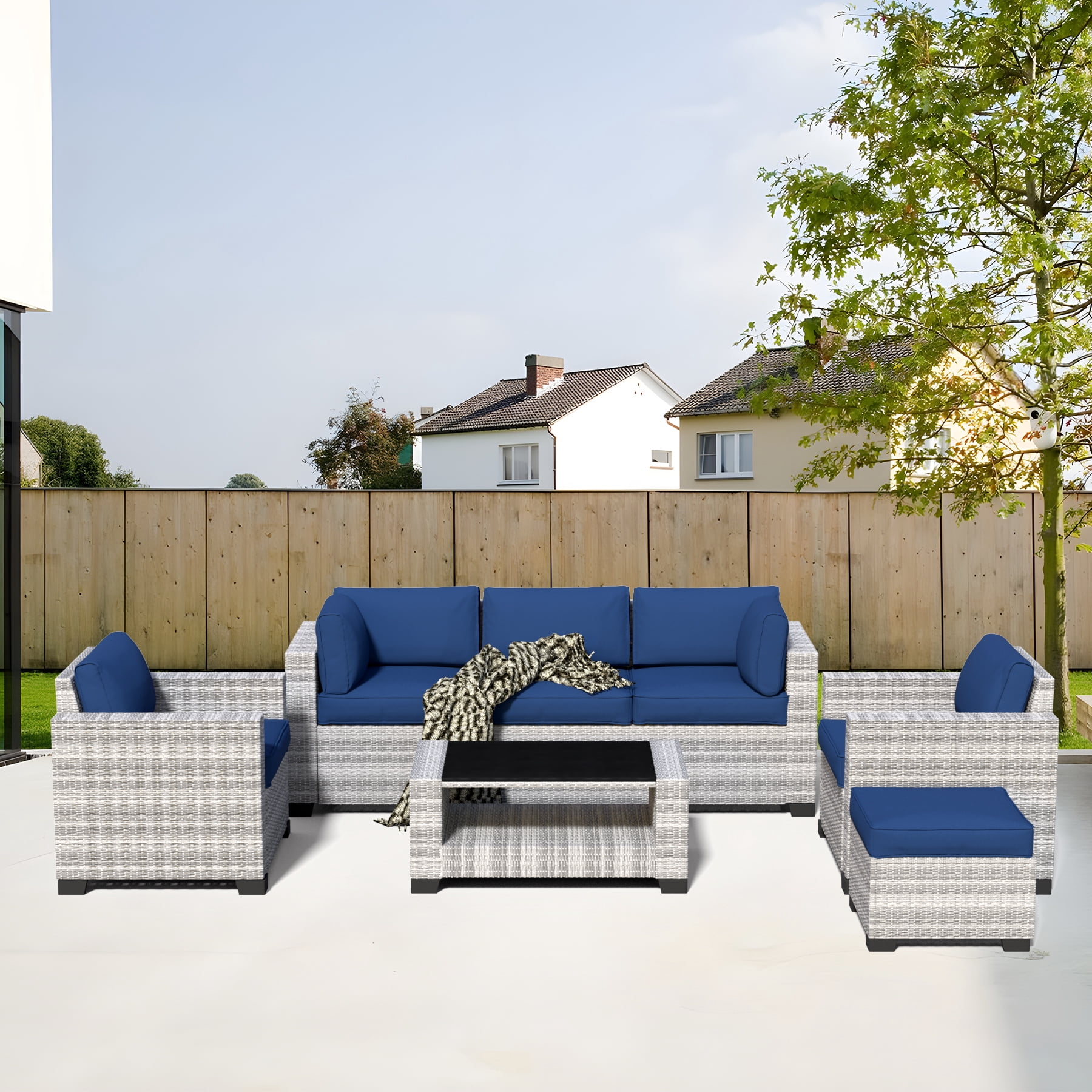 7-Piece Outdoor Patio Furniture Set, All-Weather Rattan Sectional Sofa with Waterproof Cushions & Tempered Glass Table, Perfect for Garden, Poolside, Backyard (Navy Blue)