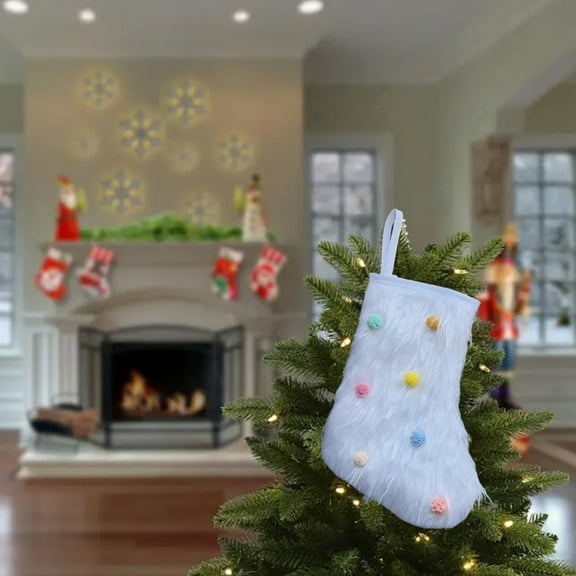 Lilgiuy 7.48" White Christmas Stockings Faux Fur Super Soft Christmas Stockings Hanging Ornaments Candy Gift Bags for Christmas Party Holiday Decorations