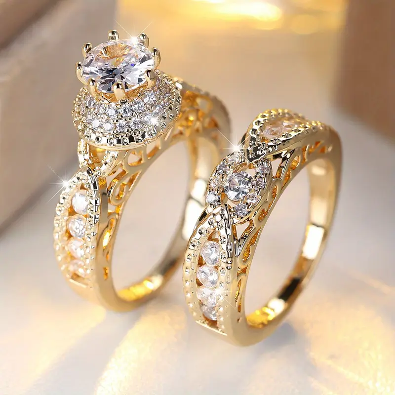 Bluebell Jewels Gold Plated CZ Halo Bridal Ring Set for Women – Vintage-Inspired Engagement & Wedding Band Gift