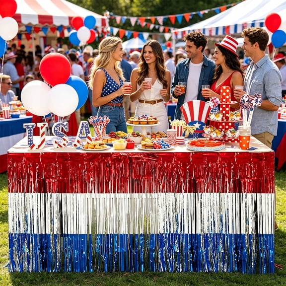 QuanTara Independence Day Table Skirt 9.02x2.46ft Patriotic Red White Blue Foil Fringe Tinsel Tassel for 4th of July Party Backdrop Kitchen Decor