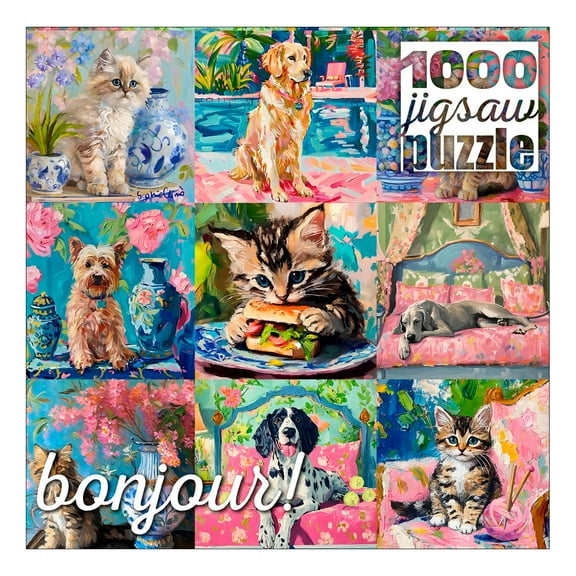 Buffalo Games Bonjour Cats and Dogs Collage 1000-Piece 26.75 x 19.75-inch Interlocking Jigsaw Puzzle for Adults Ages 14 