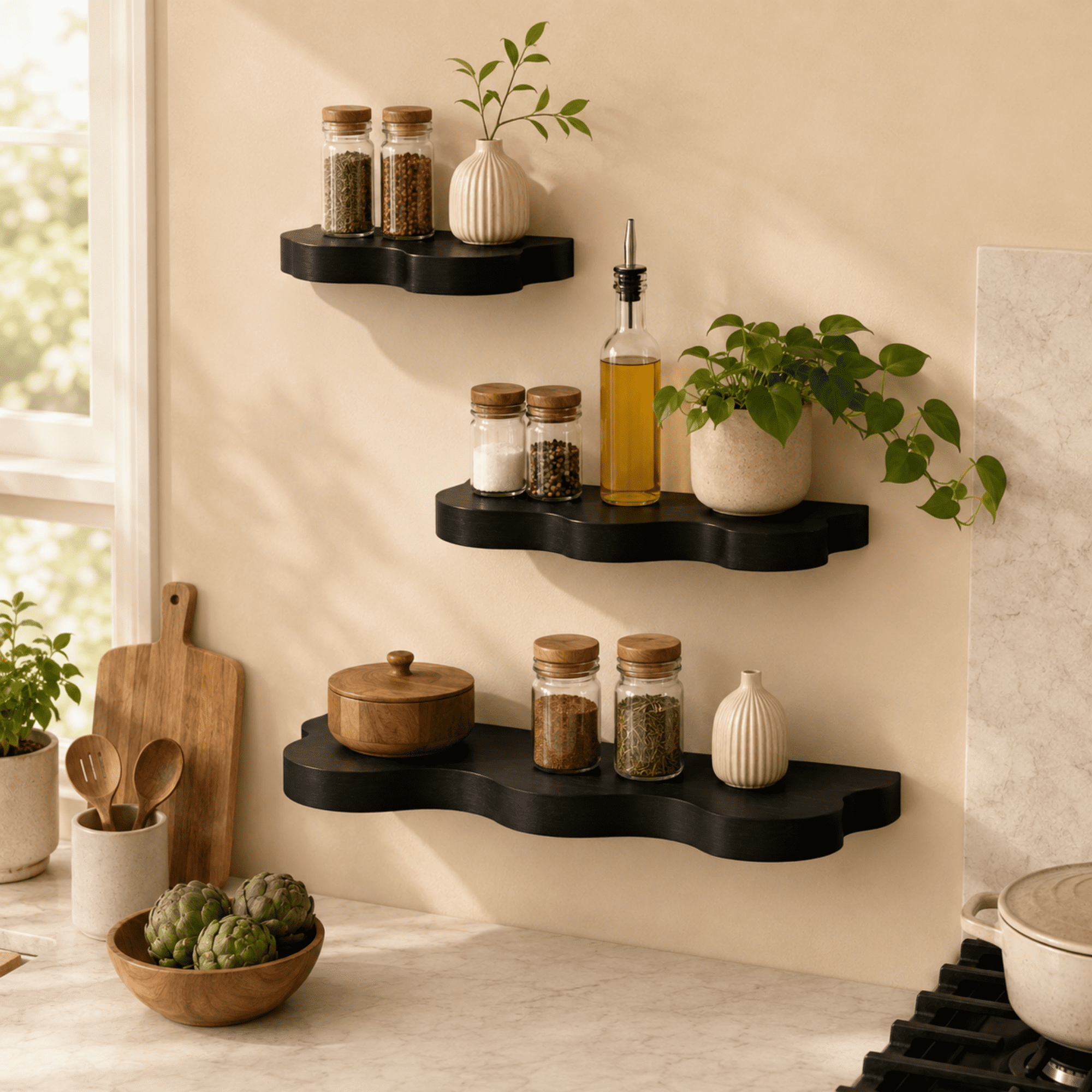 MEHOOM Set of 3 Live Edge Solid Wood Floating Shelves, Rustic Farmhouse Wall Shelves , Decorative Wall Display Shelves for Living Room, Bedroom, Bathroom,Black