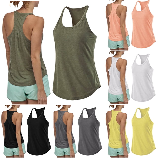 CFLVAEK Racerback Tank Tops for Women Summer Athletic Tank Top Comfy Sleeveless Back Pleated Shirts Solid Color Round Neck Yoga Tops Dark Gray M