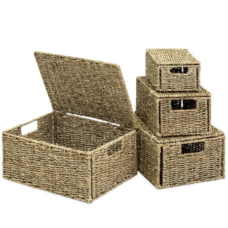 Plastic Fruit Basket With Lid Best Choice Products Woven Seagrass Multi-Purpose Storage Box Baskets for Home Decor, Organization with Lids, Set of 4, Natural ()