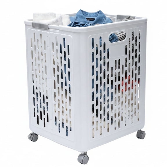 Brabtod White Large Foldable Laundry Basket with Wheels, Hollow Ventilated Plastic Laundry Hamper for Bathroom & Laundry Room