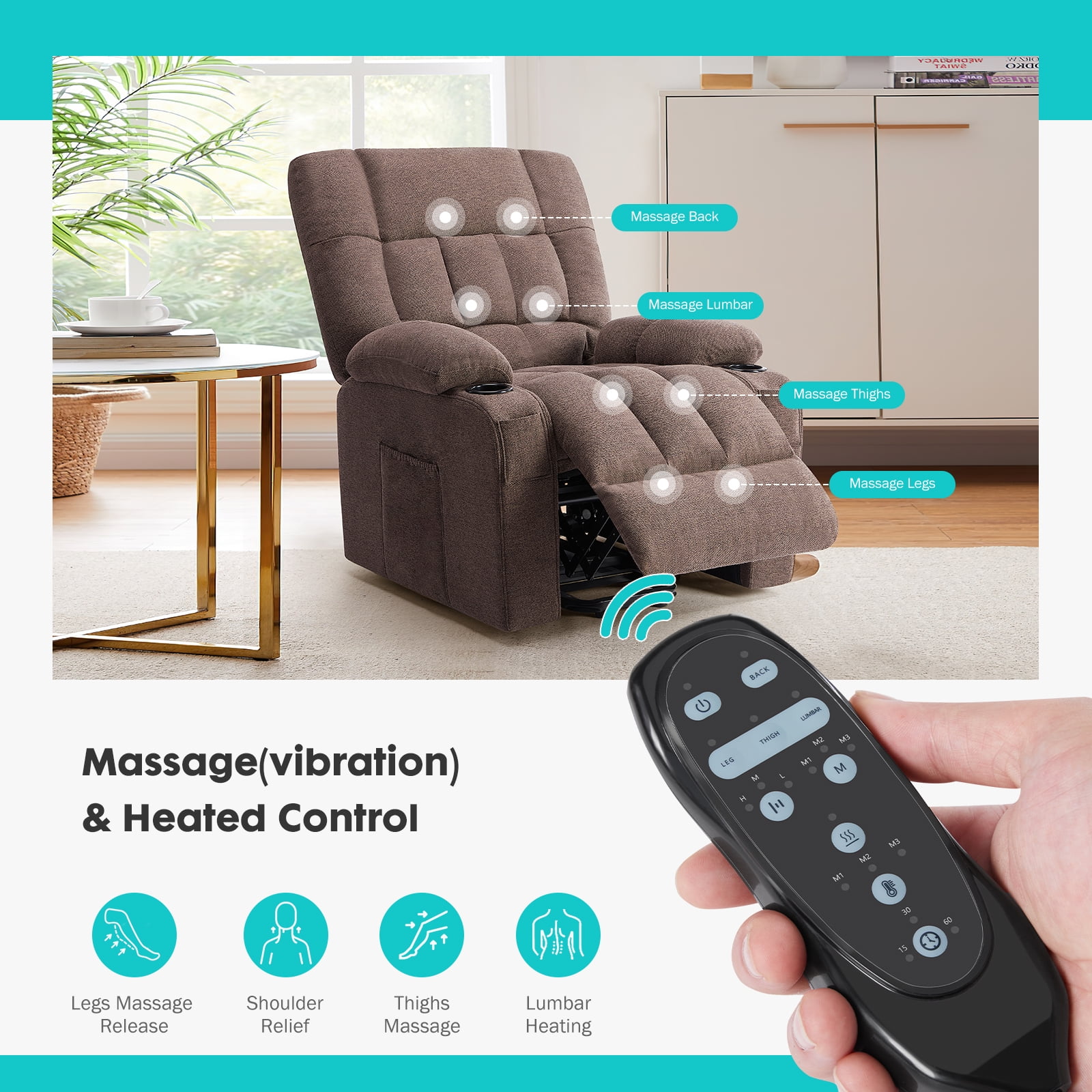 GIANNA Recliner Chair with Vibrating Massage and Heating, Adjustable Electric Power Lift Chair with Remote Control, For Living Room, Brown