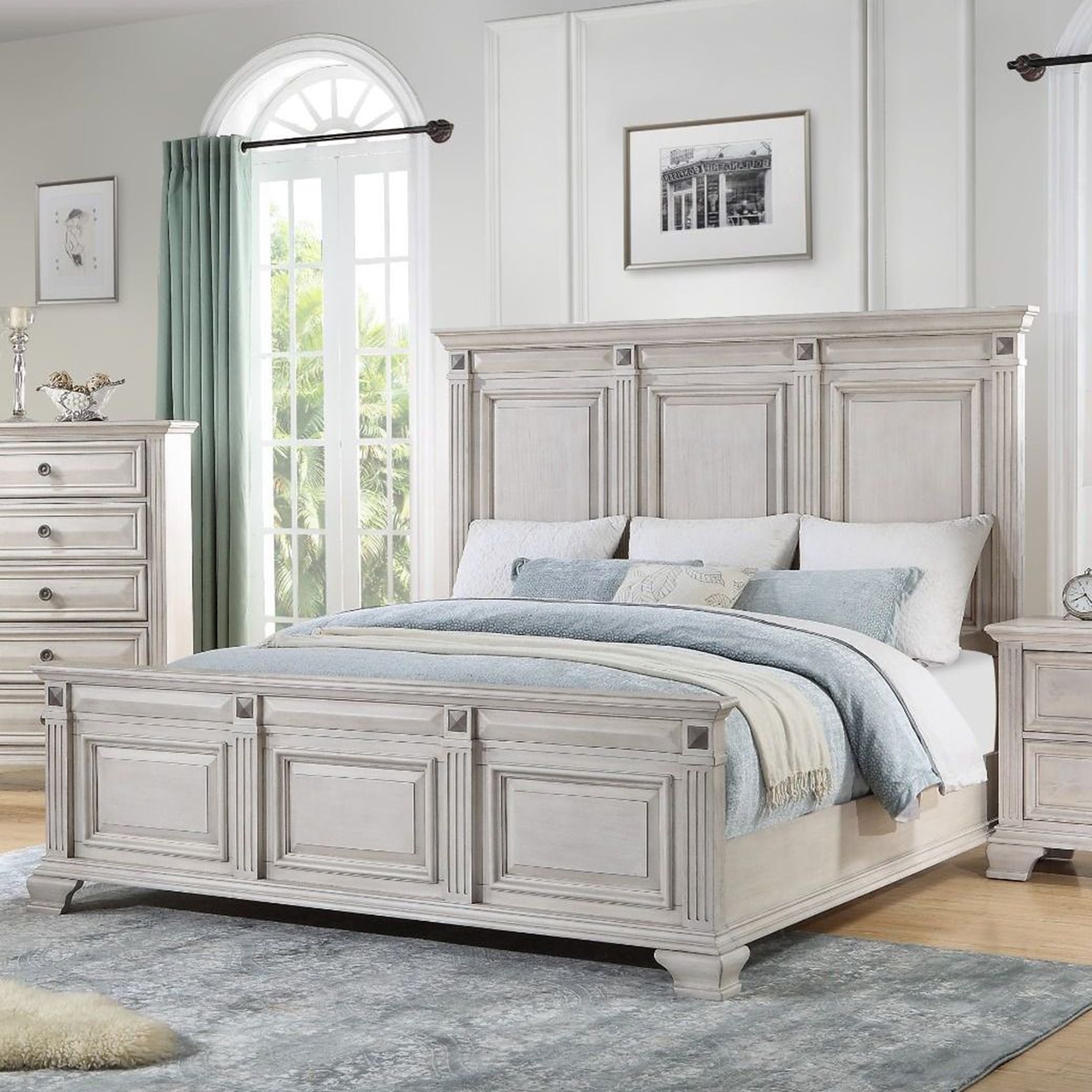 Renova Distressed Parchment Wood Panel Bed, King