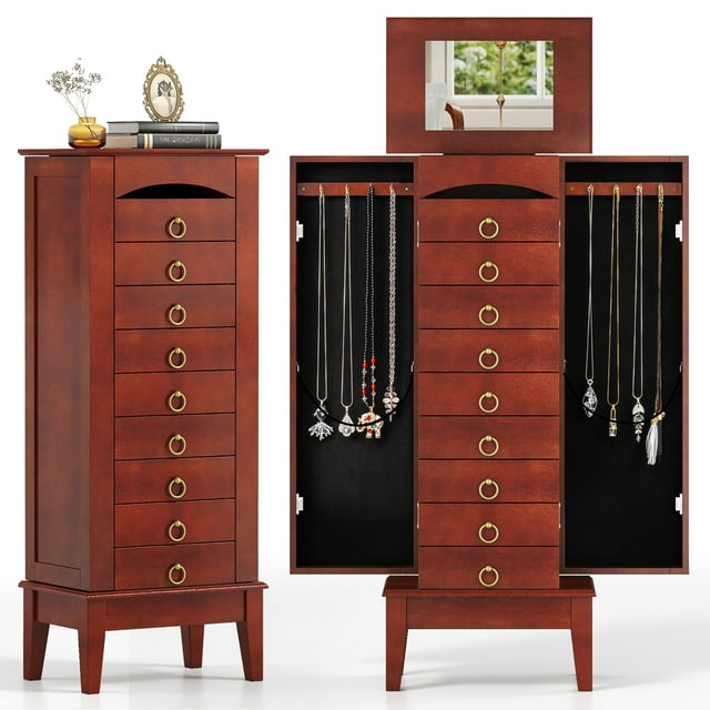 Giantex Standing Jewelry Cabinet with Top Divided Compartments, Walnut