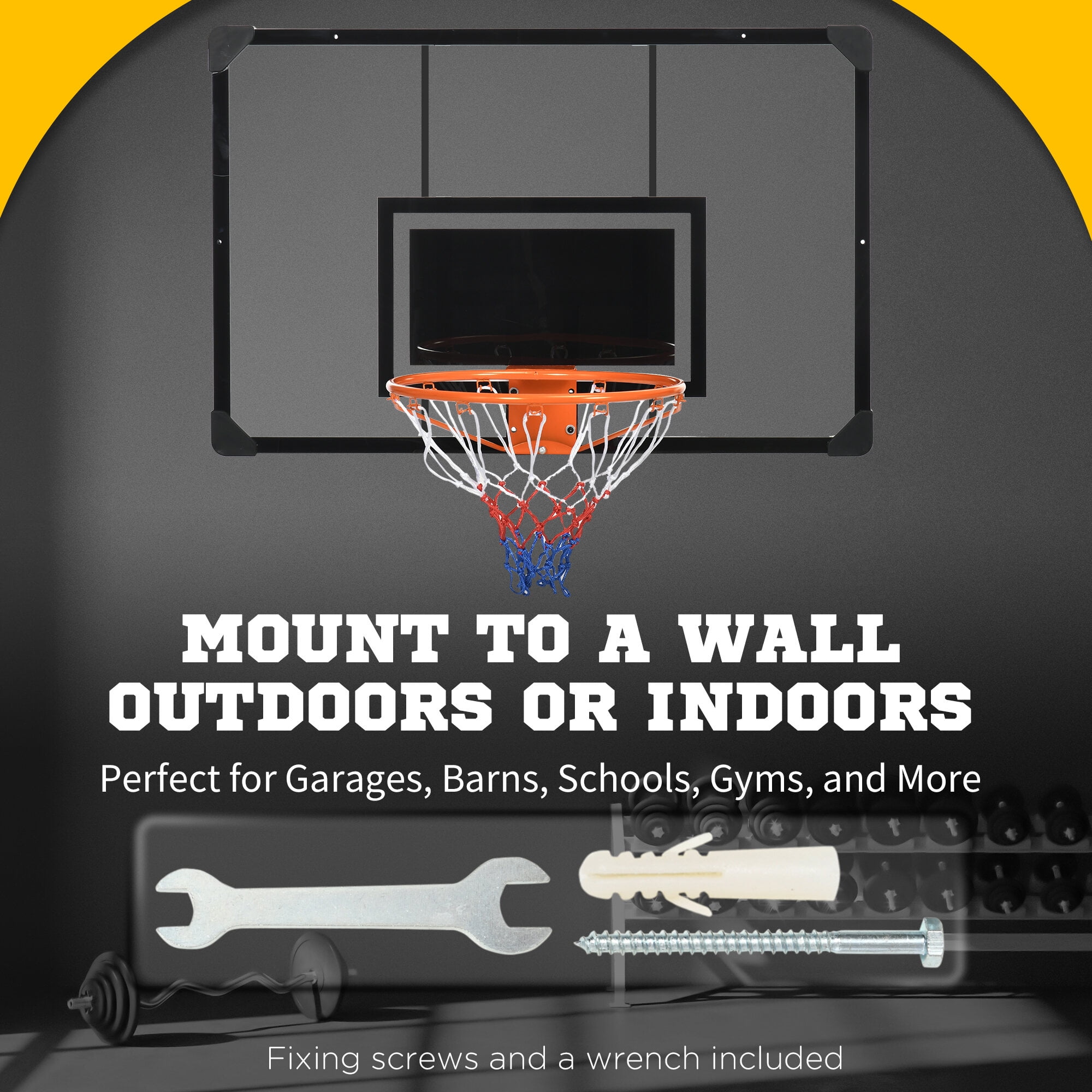 Basketball Hoop Soozier Wall Mounted Basketball Hoop with 45" x 29" Shatter Proof Backboard, Durable Rim and All-Weather Net for Indoor and Outdoor Use,Basketball Goal