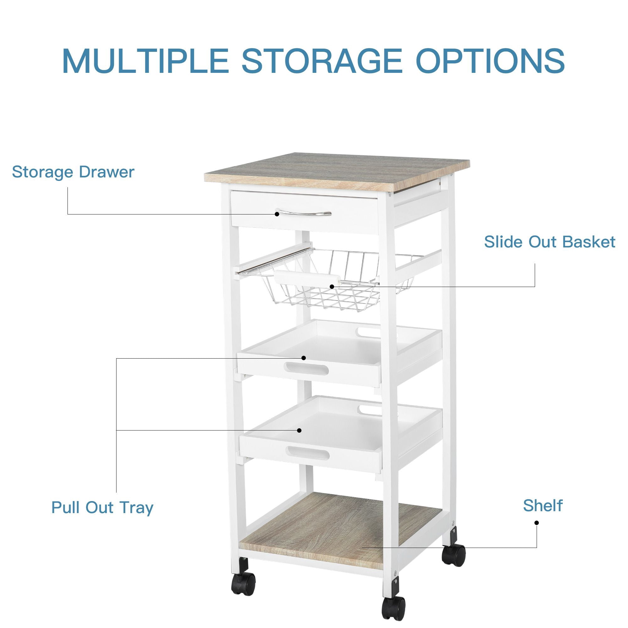 Rolling Kitchen Storage Cart with Drawer Pull Out Wire Basket & Serving Trays, Mobile Kitchen Island on Wheels Solid Wood Frame Compact Utility Cart White with Oak Veneer Top