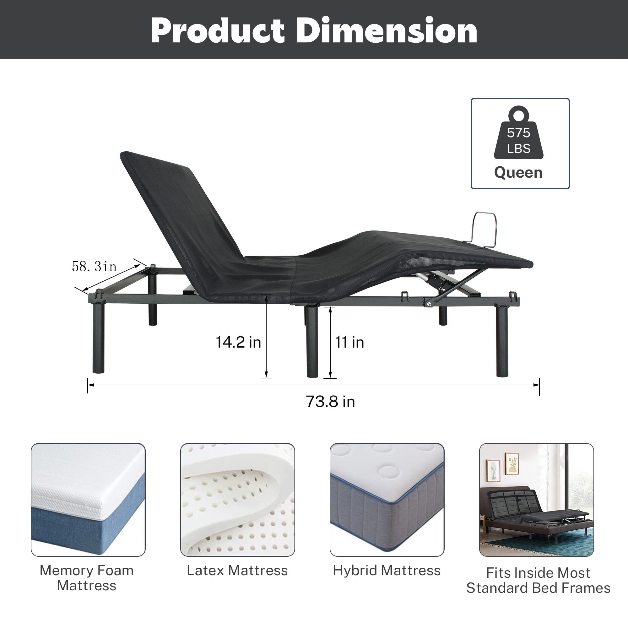 HSUNNS Electric Adjustable Bed Base Frame with Wireless Remote Head and ...