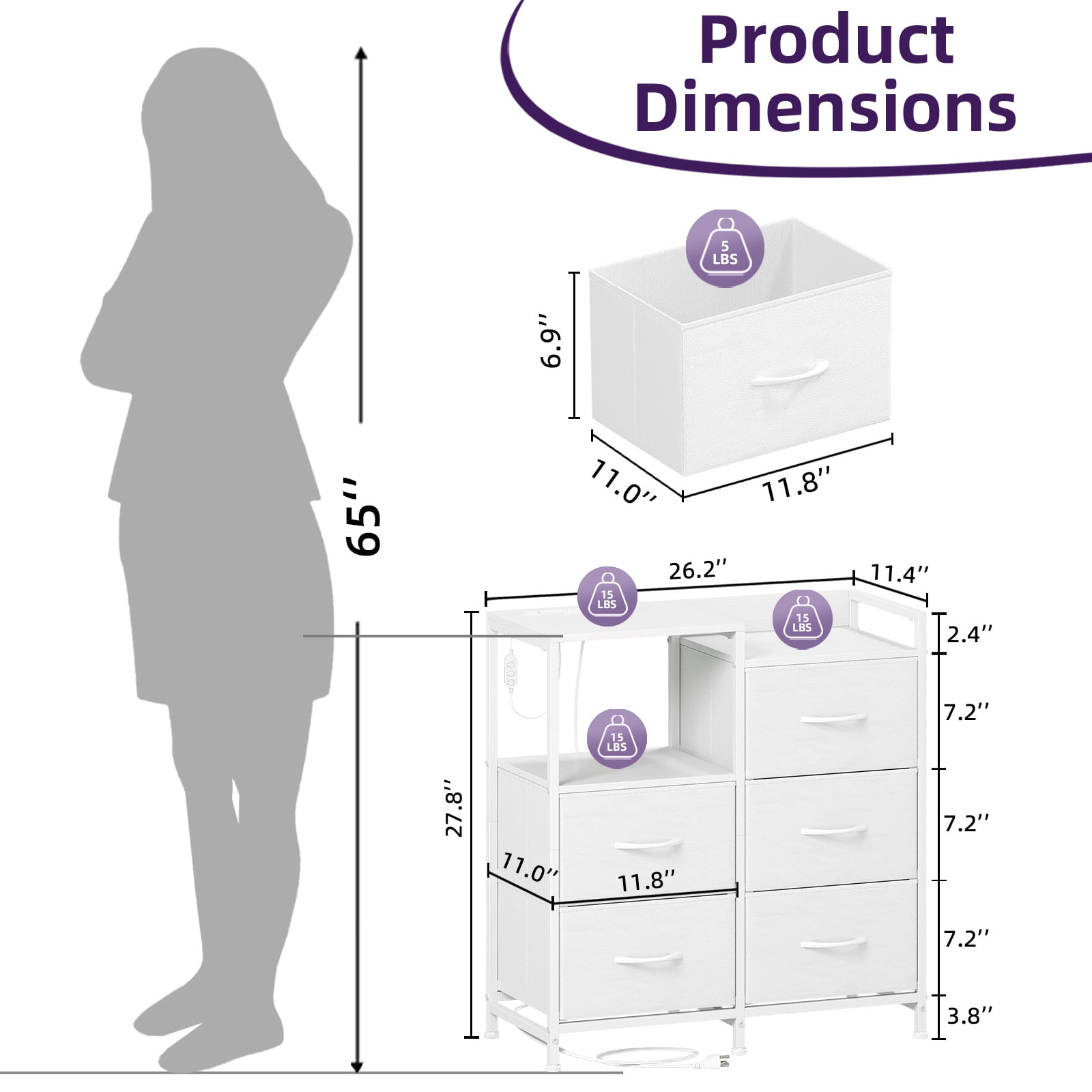 Eunos 5 Wide White Drawers Dresser with Charging Station and Open Shelf for Bedroom Closet Dorm