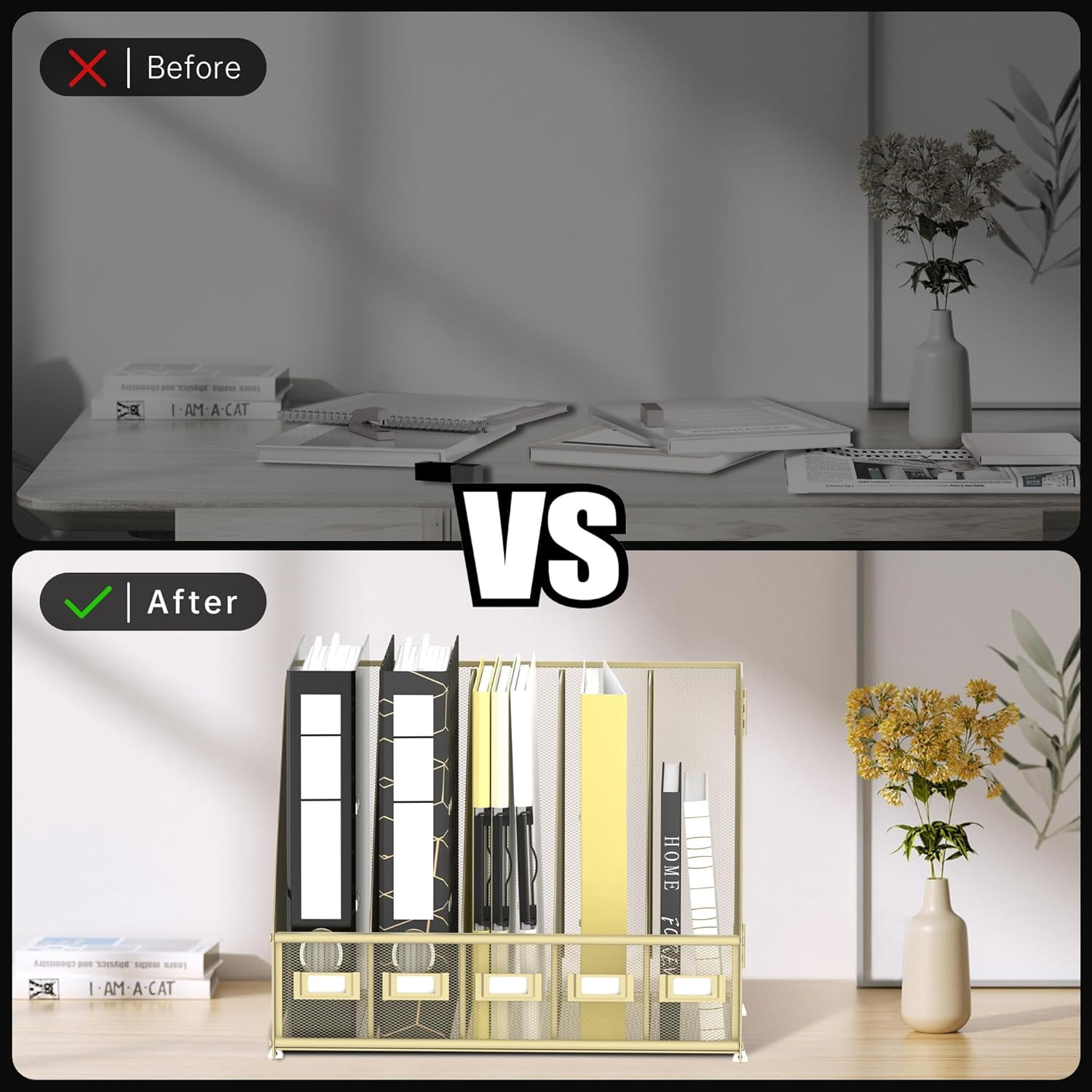 INTIGE Desk Organizer with 5 Vertical Compartments, Metal Desk File Organizer, Desk File Organizer, Increase Storage Space, Plus
