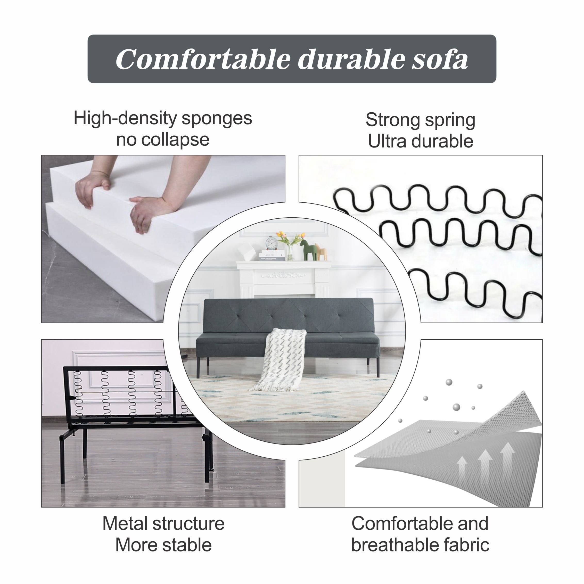 BSHTI 63.39" Futon Sofa Bed – 5 Adjustable Positions, Polyester Fabric, Iron Frame, Modern Design for Living Room, Apartment, Office, Dormitory, Dark Gray