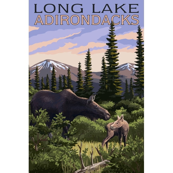 Long Lake, New York, The Adirondacks, Moose and Baby Calf (36x54 Giclee Gallery Art Print, Vivid Textured Wall Decor)