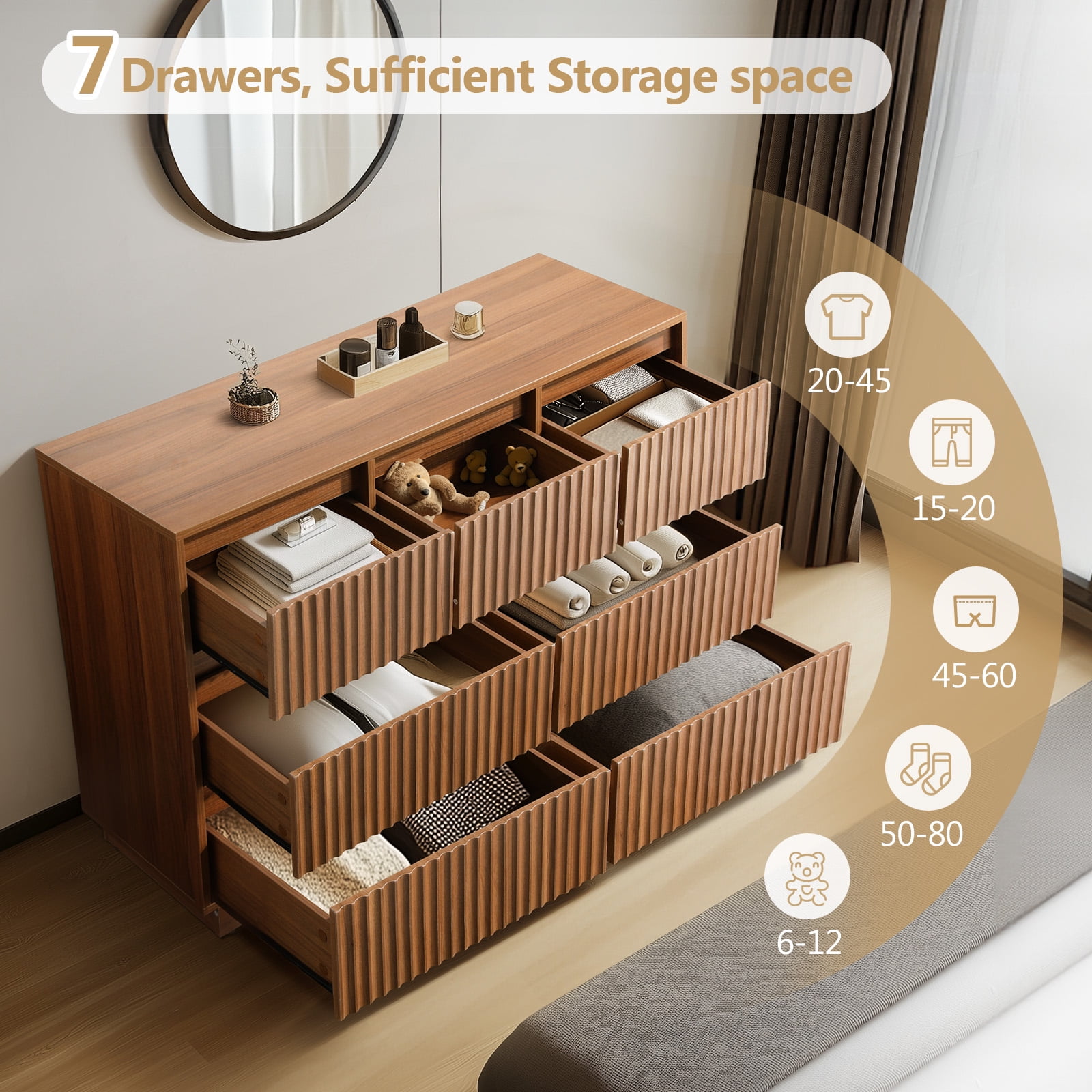 UPGO 7-Drawer Dresser 47"W Double Dresser With Waveform Fluted Panel