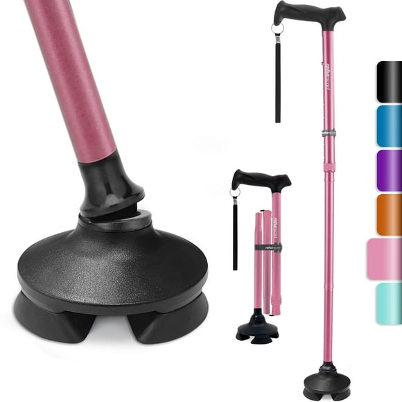 Bastón Rehaescort para hombre y mujer: plegable, ajustable, ligero, para personas mayores, con equilibrio, de pie, punta pivotante, mango suave, con bolsa de viaje (rosa)