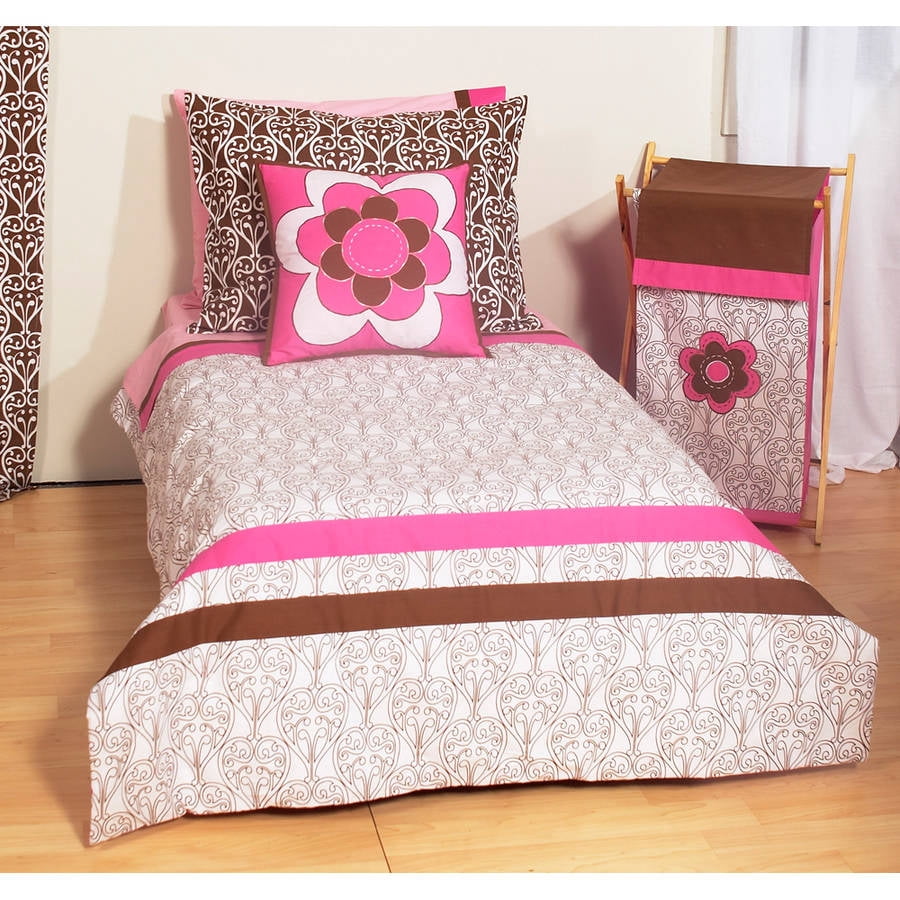 Bacati - Damask 3-Piece 100% Cotton Percale Toddler Sheet Set, Pink/Chocolate