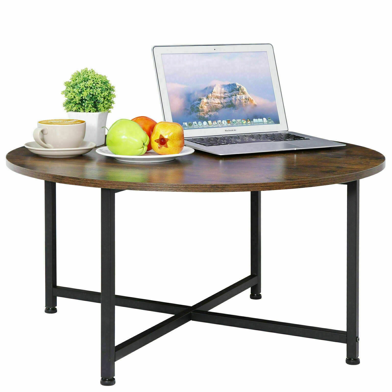 ZENSTYLE Small Round Wood Coffee Table with X-Shaped Metal